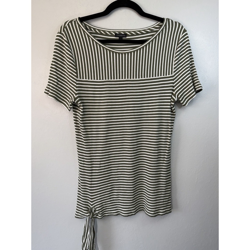 Talbots Striped Tie-Waist T-Shirt Olive‎ Green White Ribbed Knit Top Size M
